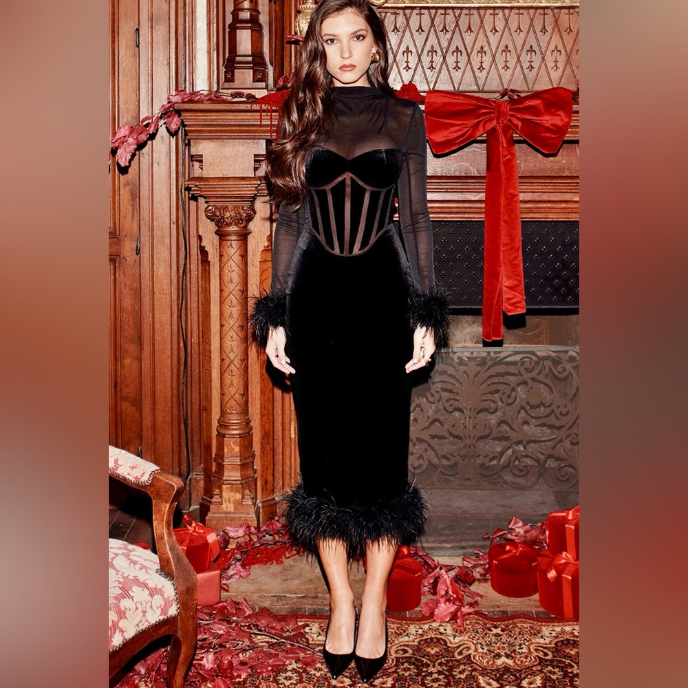 House of CB Lianna Feather Trim Long Sleeve Corset Black Midi Dress
